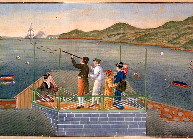 Dutch personnel and Japanese women watching an incoming towed Dutch sailing ship at Dejima by Kawahara Keiga